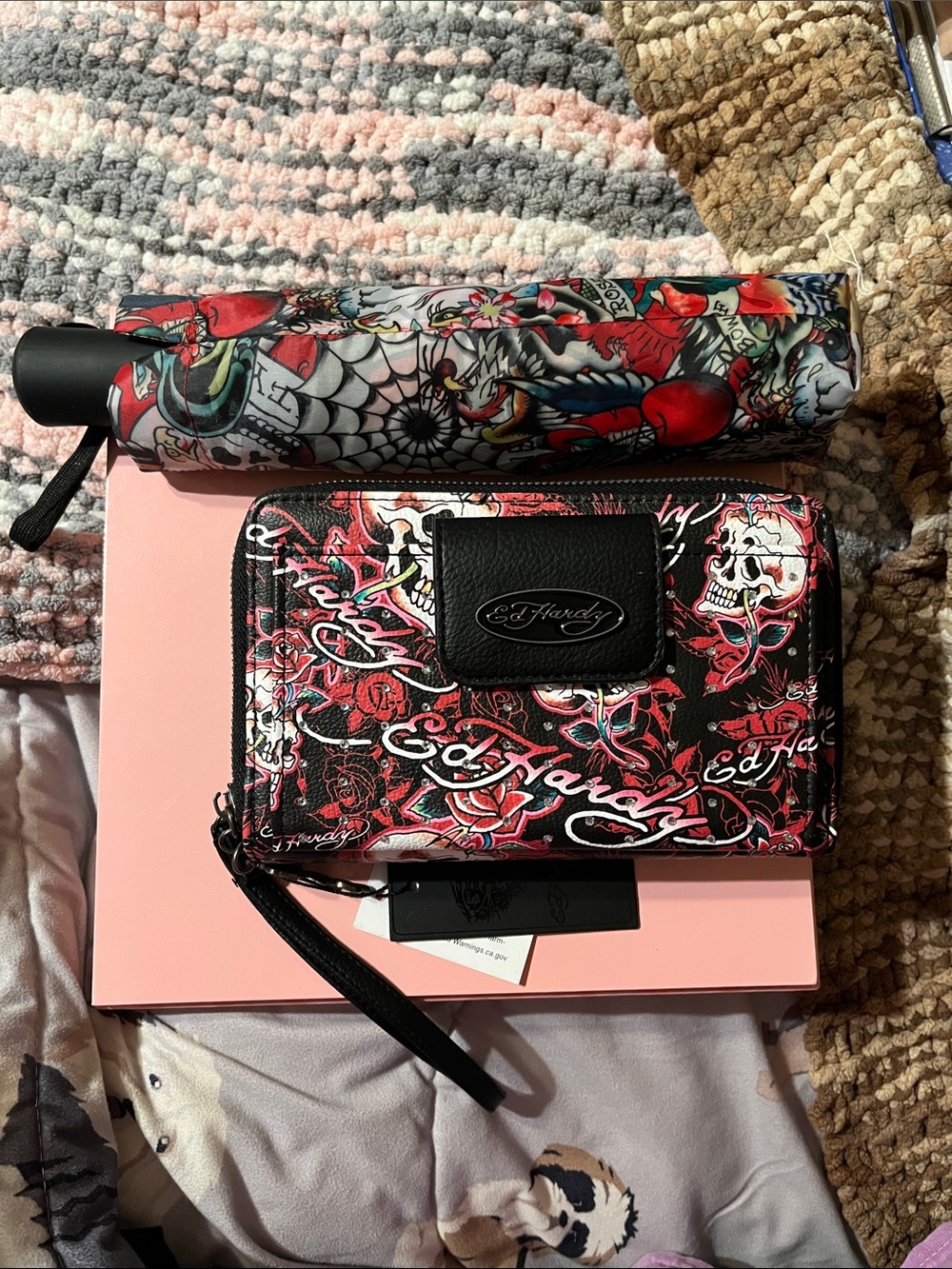 NWT Ed Hardy Black & Red Tattoo-Print Zip Wristlet and NWT Ed Hardy Umbrella 2pc